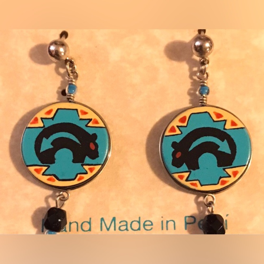 Mato Southwestern Native American Bear Arrow Blue Tribal Ethnic Geometric Dangle - Picture 5 of 16